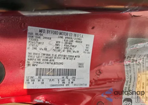 2004 Ford Expedition Eddie Bauer z USA, uszkodzony, nr VIN 1FMRU17W74LB28392